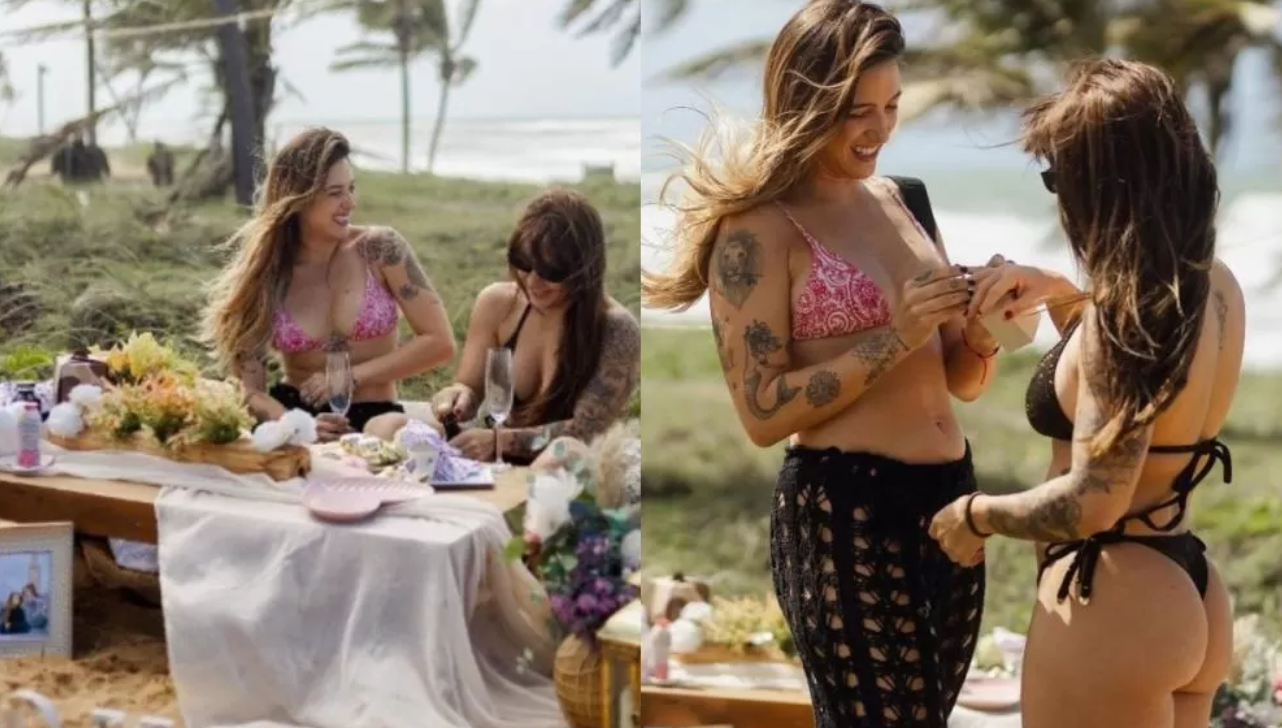 Tati Dias pede Lauana Prado em casamento durante viagem romântica no litoral da Bahia